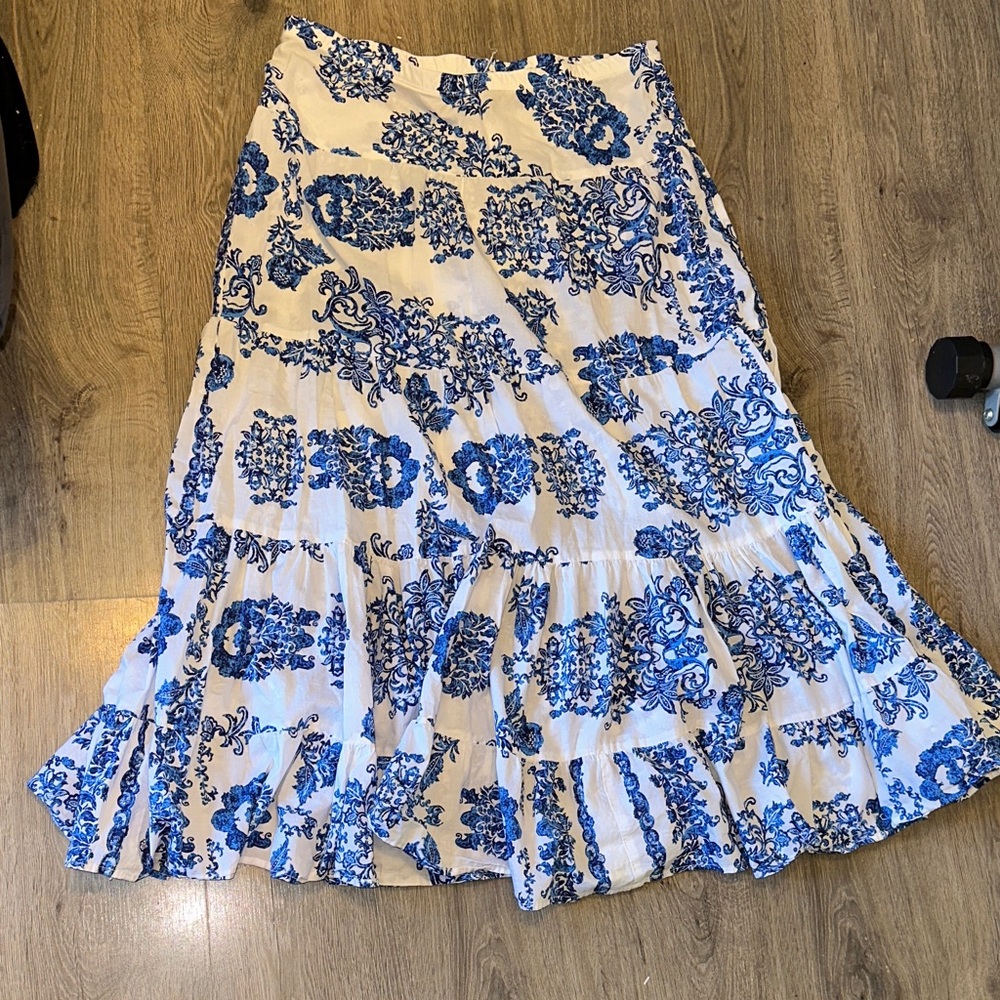 Karen Kane Cream and Blue Maxi Skirt